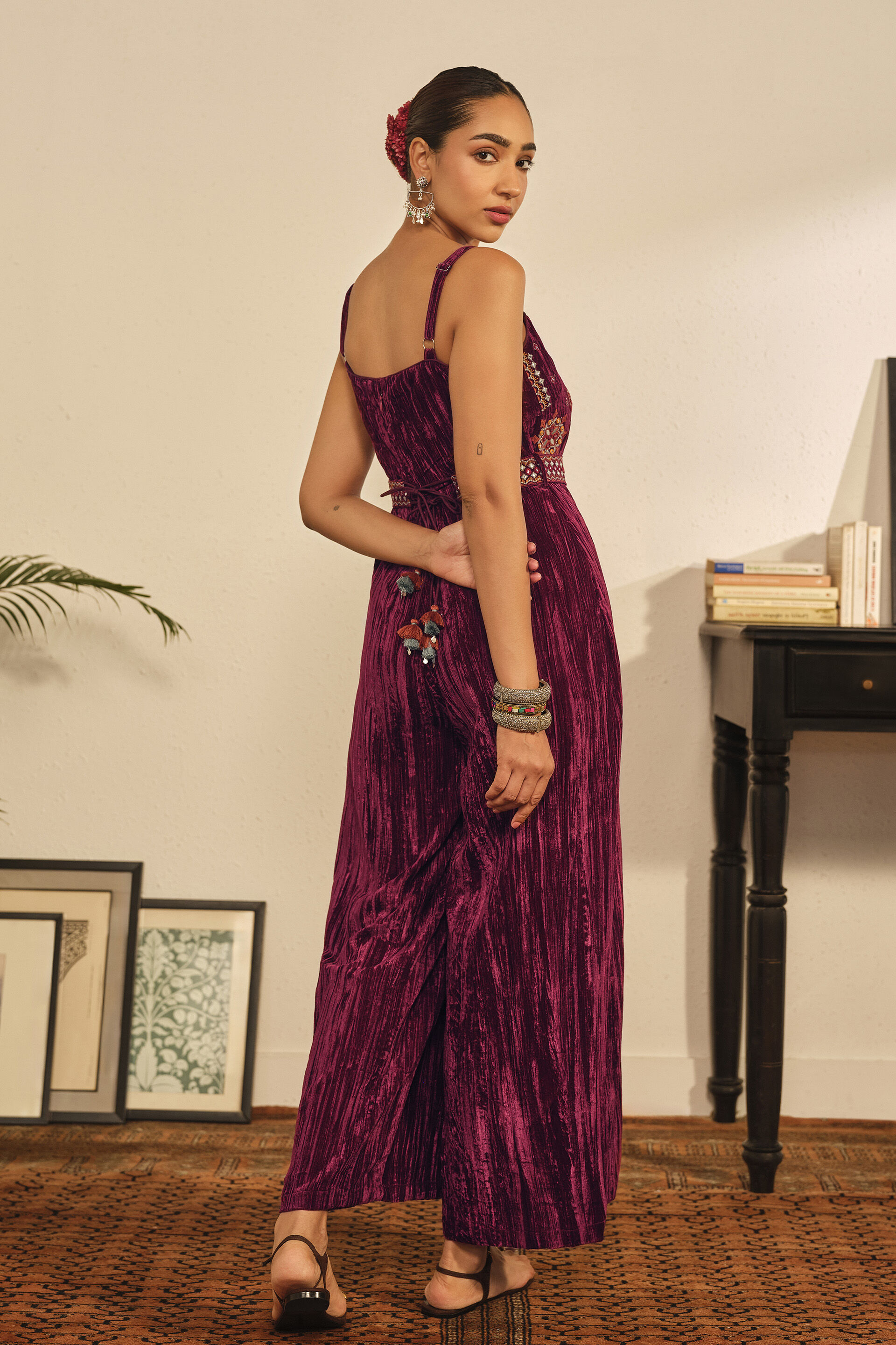 Embroidered Velvet Strappy Jumpsuit in Wine, Wine, image 5